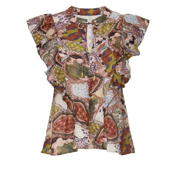 Chufy | Silk-Blend Brown Flutter Sleeve Tie-Neck Dekker Top | Size Medium - Picture 1 of 9